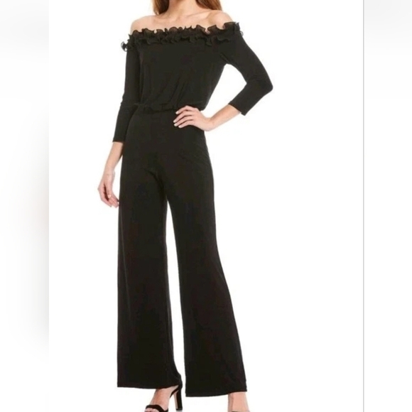 Adrianna Papell Pants - Adrianna Papell Women Jumpsuit Sz 2 Black Chiffon Ruffle Wide Leg NWT Cocktail